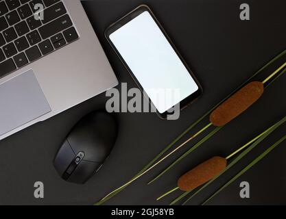 Schreibtisch im Home Office. Laptop, Handy, Computermaus und auf dunklem Hintergrund. Eleganter Arbeitsplatz. Stockfoto