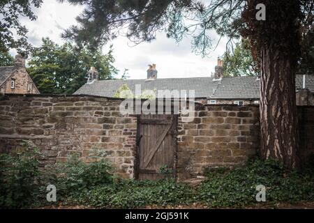 Geheime hölzerne Tor Eingang zum Garten der alten Stein Hütte geschlossen. Historisches altes Tor, das zu einer überwucherten geheimnisvollen Grenzmauer von Wohnhäusern führt Stockfoto