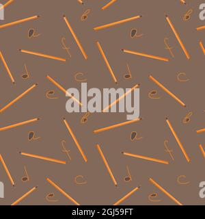 Nahtloses Muster mit orangefarbenen Bleistiften und Buchstaben auf grauem Hintergrund. Stockfoto