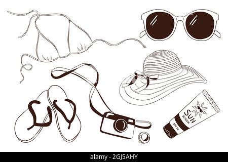 Handgezeichnete Urlaubsartikel. Sonnenbrille Bikini, Flip Flops, Fotokamera, Sonnenschutzschlauch, Frauenhut. Sommer Urlaub Attribute Kollektion für Logo, Aufkleber, Drucke, Label-Design. Premium Vector Stock Vektor