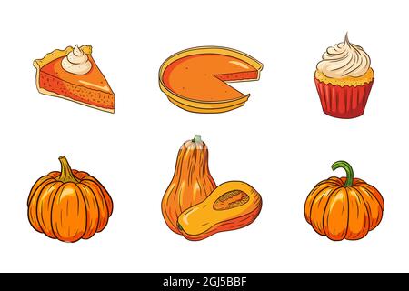 Thanksgiving Food Collection. Herbsturlaub Kürbisgerichte Set. Frische reife Kürbisse und Kürbiskuchen Illustration für Aufkleber, Einladung, Menü und Grußkarten Dekoration. Premium Vector Stock Vektor