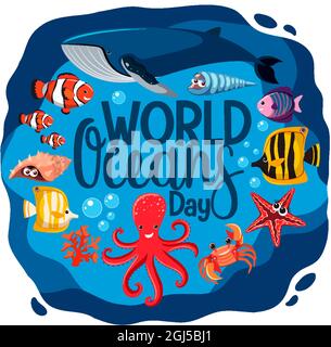 World Ocean Day Banner mit vielen verschiedenen Meerestieren Illustration Stock Vektor