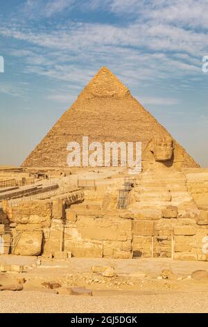 Afrika, Ägypten, Kairo. Giza Plateau. Große Sphinx von Gizeh vor der Pyramide der Khafre. Stockfoto