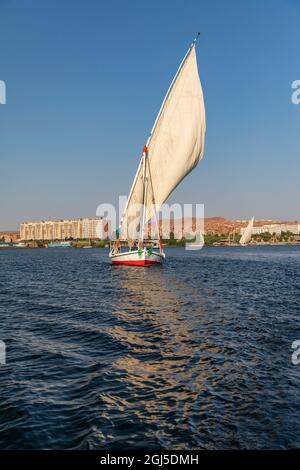 Afrika, Ägypten, Assuan. 8. Oktober 2018. Eine Felucca, ein traditionelles Holzsegelboot, das Touristen auf dem Nil in Assuan transportiert. (Nur Für Redaktionelle Zwecke Stockfoto