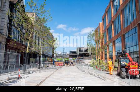 Pflanzen von Bäumen auf der Carrington Street neben dem neuen Broad Marsh Car Park, Nottingham City, Nottinghamshire England, Großbritannien Stockfoto