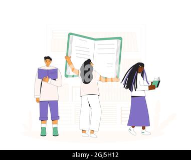 Bibliothek. Menschen mit Büchern. Die Teilnehmer bereiten sich auf die Prüfung vor. Leseclub. Literaturfans. Liebhaber von Büchern. Vektorgrafik. Stock Vektor