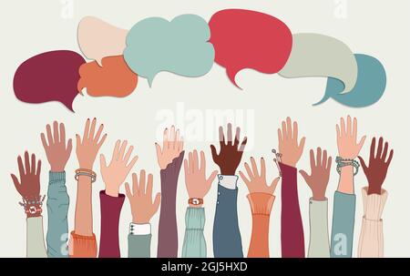 Übereinkunft zwischen einer Gruppe von Kollegen oder Mitarbeitern.Diversity Menschen Mitarbeiter, die zusammenarbeiten.hob Waffen und Hände mit Sprechblase Stock Vektor