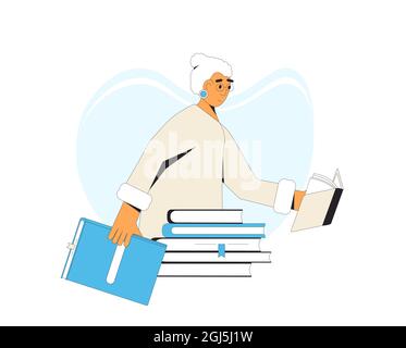 Ältere Leserin Frau Porträt. Alte weibliche Person, die ein Buch liest. Vektorgrafik. Stock Vektor