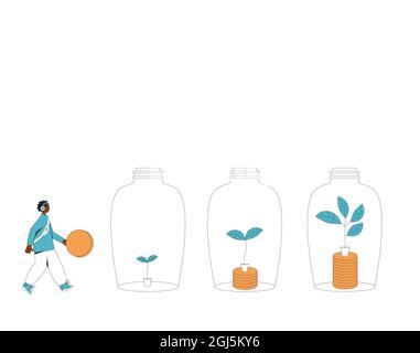 Return on Investment-Konzept. Unternehmenswachstum. Junge Frau mit Geldbaum. Vektorfarbe Linie Kunst Illustration. Stock Vektor