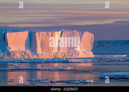 Antarktis, Snow Hill. Große Eisberge werden im frühen Morgenlicht eines Sonnenaufgangs gebadet. Stockfoto