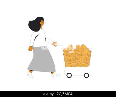 Frau mit Geld isoliert auf weißem Hintergrund. Weibliche Person in legerer Kleidung, die mit einer Einkaufstasche mit Münzen spazierengeht. Junger Charakter mit Einkommen Stock Vektor