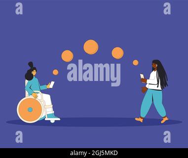 Online-Zahlungskonzept. Sicheres mobiles Bezahlen. Weibliche Charaktere mit Telefonen übertragen sich gegenseitig ein Geld. Vektorfarbe Linie Kunst Illustration. Stock Vektor
