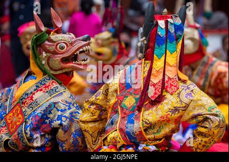 Bhutan, Punakha Dzong. Punakha Drubchen Festival, Maskendarsteller in farbenfroher Kleidung. (Nur Für Redaktionelle Zwecke) Stockfoto