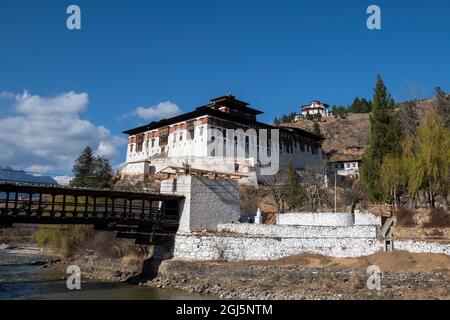 Bhutan, Paro. Rinpung Dzong, buddhistisches Kloster und Festung. Stockfoto