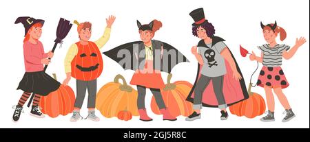Kinder gekleidet in Halloween Phantasie Kostüme für Party, flache Vektor isoliert. Stock Vektor