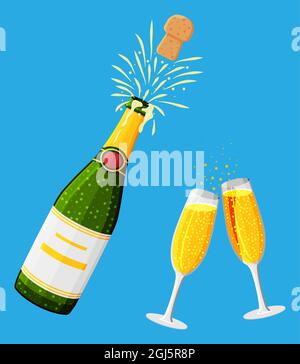 Champagnerflasche öffnet sich mit Pop und Kork fliegen. Stock Vektor