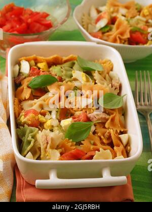 Nudelsalat mit Farfalle und Gemüse. Stockfoto