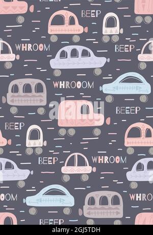 Niedliches, zartes Kindermuster mit handgezeichneten Autos mit Tribal-Muster und Schriftzug auf grauem Hintergrund. Vektor zarte Textur mit Maschinen in Paste Stock Vektor