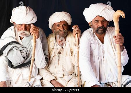 Indien, Gujarat, Bhuj, großer Rann von Kutch, Stamm. Porträt von drei alten Männern aus dem Stamm mit ihren weißen Roben und ihren Stäben. (Nur Redaktionelle Verwendung Stockfoto