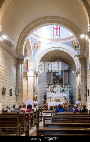 Israel, Kana. Die Hochzeitskirche in Kana im Inneren, Anblick des ersten Wunders Jesu. Stockfoto