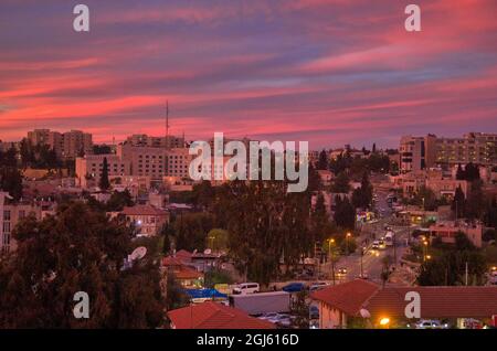 Palästinensische Gebiete, Westjordanland. Bethlehem bei Sonnenuntergang. Stockfoto