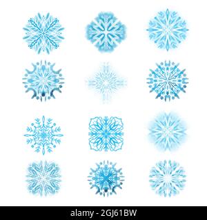 Set von Illustrationen von Schneeflocken in blauer Farbe isoliert auf weißem Hintergrund Stockfoto