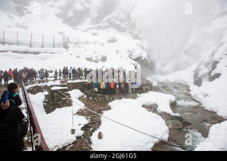 Asien, Japan, Nagano, Jigokudani Yaen Koen, Snow Monkey Park. Blick auf das Thermalbad, das speziell für die japanischen Makaken gebaut wurde. Stockfoto