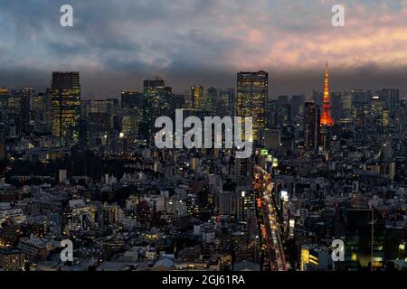 Blick auf den orangefarbenen Tokyo Tower vom Shibuya Scramble Square Observatorium und das Stadtbild von Tokio am Abend Stockfoto