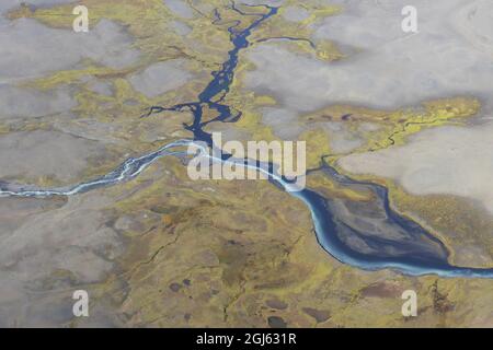 Luftaufnahme eines geflochtenen Flusses in Island, mit zwei Farben des Wassertreffens. Hintergrund von braun und grün. Stockfoto