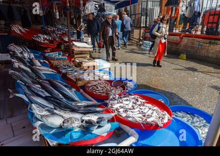 Fischmarkt in Karakoy, Golden Horn. Istanbul, Türkei. Stockfoto