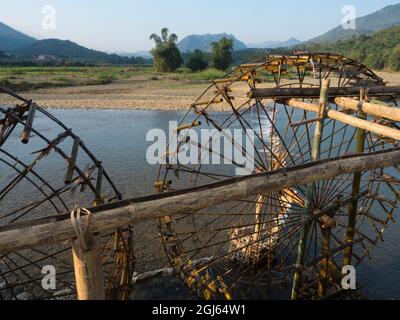 Asien, Vietnam, Pu Luong Nature Reserve, Wasserrad auf dem Cham River Stockfoto