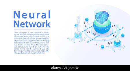 Infografik zu neuronalen Netzwerken und KI-Vektoren im breiten Webbanner-Layout. Notebook- und Datenverarbeitung mit isometrischen 3d-Symbolen. Stock Vektor