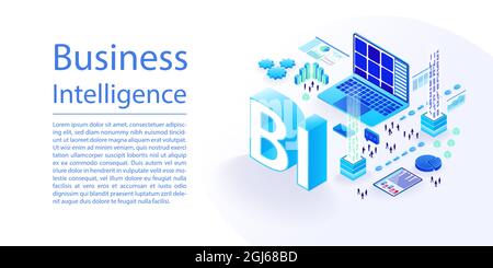 INFOGRAFIK ZUR BI Business Intelligence-Vektorgrafik im breiten Webbanner-Layout. Notebook- und Datenverarbeitung mit isometrischen 3d-Symbolen. Stock Vektor