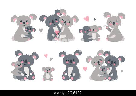 Koala Familie Set. Umarmen und lieben Koala Eltern mit Babys. Vektorgrafik isoliert auf weißem Hintergrund Stock Vektor