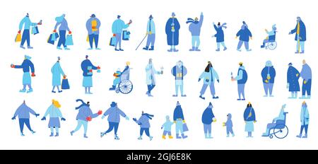 Set von Menschen in Winterkleidung. Erwachsene und junge Charaktere auf weißem Hintergrund isoliert. Weibliche und männliche Personen tragen warme Hüte, Handschuhe, Mäntel Stock Vektor