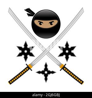 Cartoon Ninja Face Icon mit Katana und Metal Stars isoliert auf weißem Hintergrund. Warrior-Logo. Stockfoto