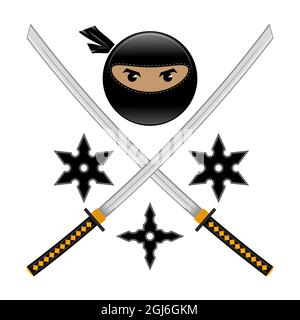 Cartoon Ninja Face Icon mit Katana und Metal Stars isoliert auf weißem Hintergrund. Warrior-Logo. Stock Vektor