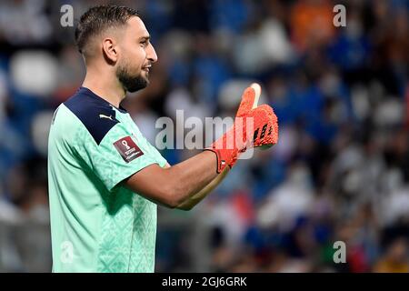 Gianluigi Donnarumma aus Italien reagiert während des Qualifikationsspiels der Weltmeisterschaft 2022 zwischen Italien und Litauen im Citta del tricolore-Stadion in Reggio Emilia (Italien) am 8. September 2021. Foto Andrea Staccioli / Insidefoto Stockfoto