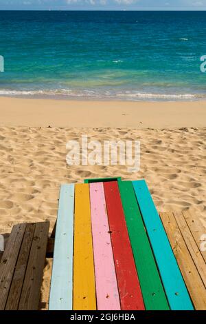 Picknicktisch, Marriott's Frenchman's Reef & Morning Star Beach Resort, Morningstar Beach, St. Thomas, US Virgin Islands. Stockfoto