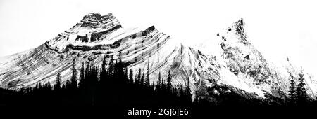 Kanada, Alberta. Panorama der schneebedeckten Berge, Schwarz-Weiß-Bild, Jasper National Park. Stockfoto