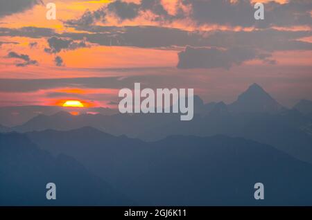 Sonnenuntergang in den Purcell Mountains, British Columbia Stockfoto