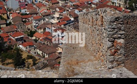 Blick vom Schloss, Palamidi, Nafplion, Nafplio, Peloponissos, Griechenland Stockfoto