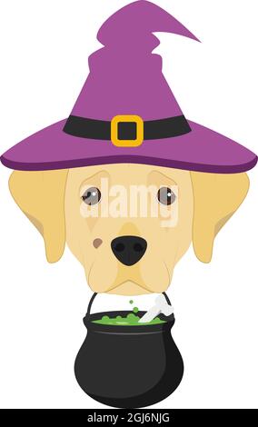 Halloween Grußkarte. Labrador Retriever Hund als Hexe gekleidet mit purpurfarbenem Hut und einem Kessel im Mund Stock Vektor