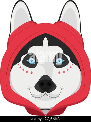 Halloween Grußkarte. Sibirischer Husky-Hund, gekleidet als Skelett mit roter Kapuze Stock Vektor