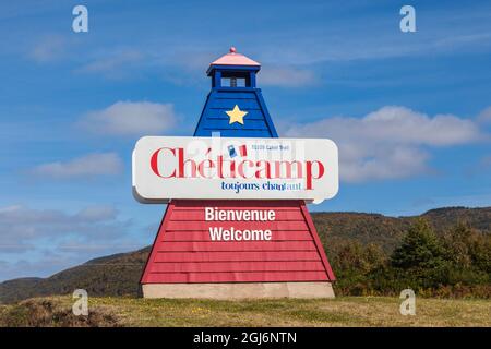 Kanada, Nova Scotia, Cabot Trail. Cheticamp willkommen Leuchtturm. Stockfoto