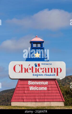 Kanada, Nova Scotia, Cabot Trail. Cheticamp willkommen Leuchtturm. Stockfoto