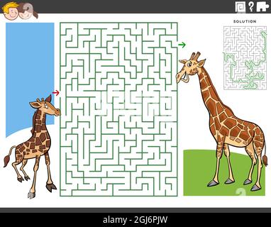 Cartoon Illustration von pädagogischen Labyrinth Puzzle-Spiel für Kinder mit Baby Giraffe und Mama Stock Vektor