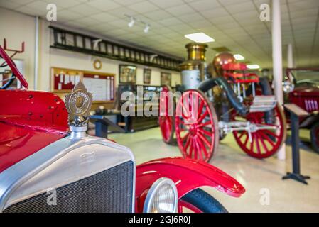 Kanada, Nova Scotia, Yarmouth, Feuerwehrmuseum von Nova Scotia, Anzeige der antiken Löschausrüstung Stockfoto