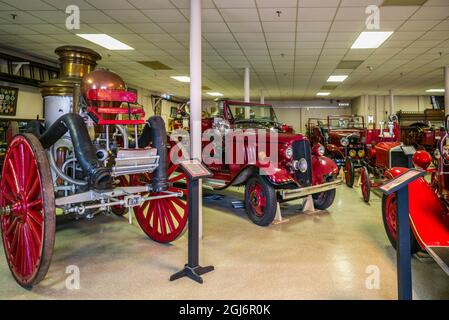 Kanada, Nova Scotia, Yarmouth, Feuerwehrmuseum von Nova Scotia, Anzeige der antiken Löschausrüstung Stockfoto