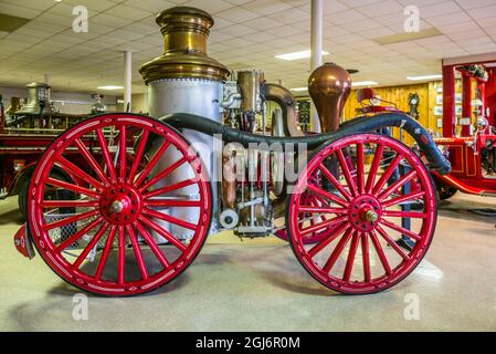 Kanada, Nova Scotia, Yarmouth, Feuerwehrmuseum von Nova Scotia, Anzeige der antiken Löschausrüstung Stockfoto